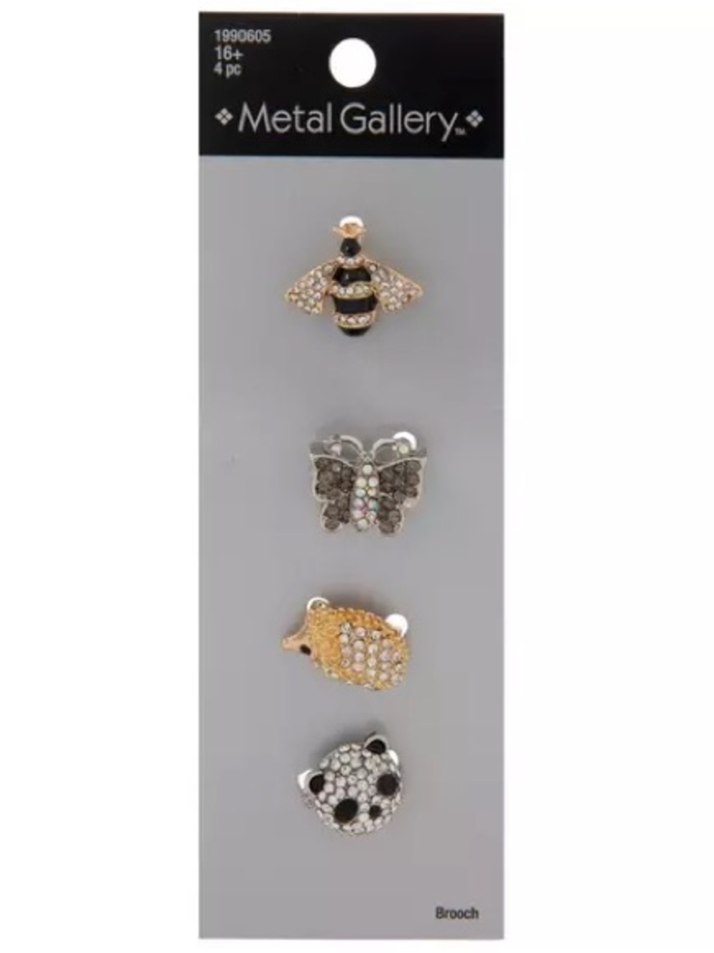 New Metal Gallery Bee, Butterfly, Hedgehog & Panda Brooch Set - Gold, Black, Sil